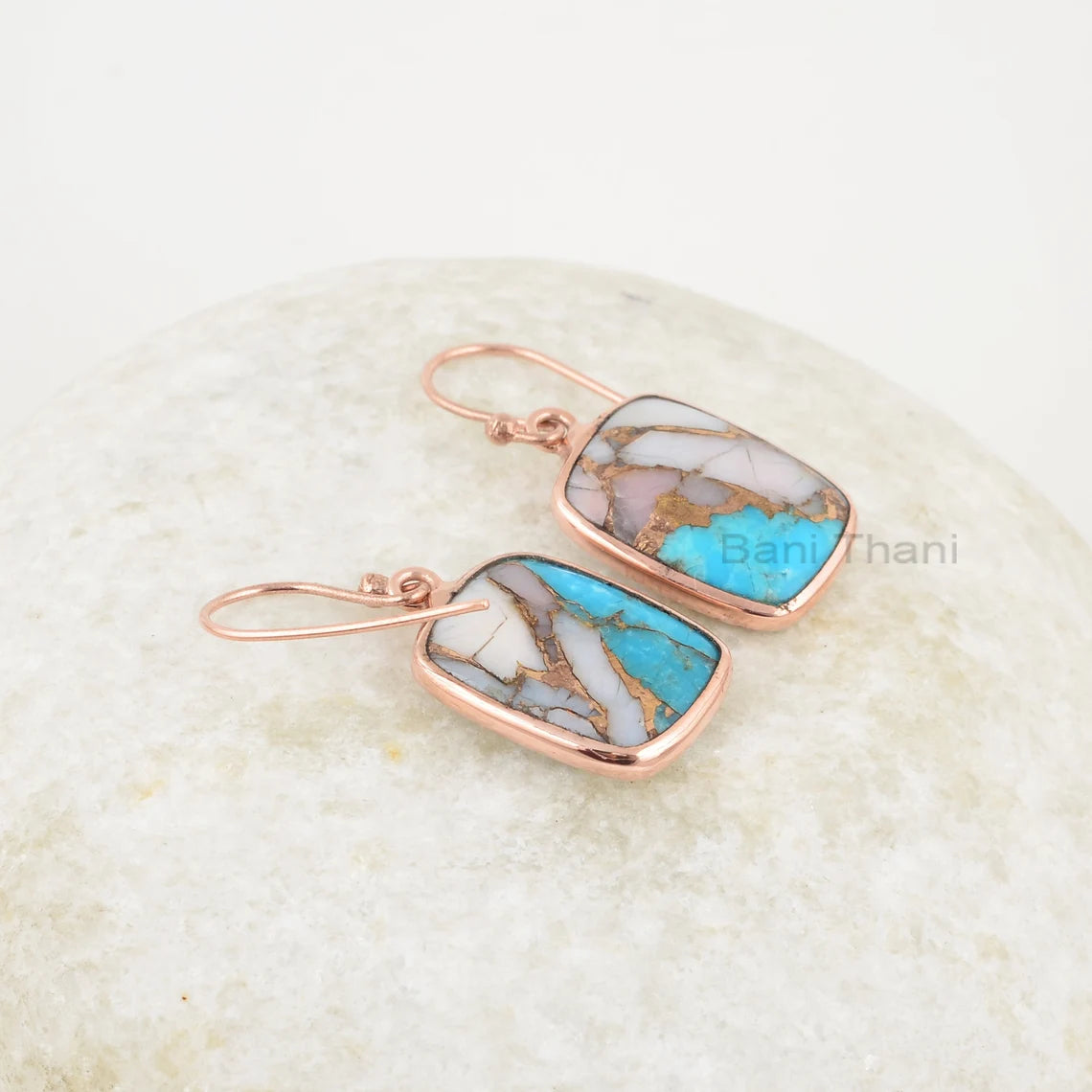 Copper Turquoise Earrings, Pink Opal Copper Turquoise 12x16mm Cushion Gemstone Earring, Rose Gold Plated Silver Earring, Drop Dangle Earring