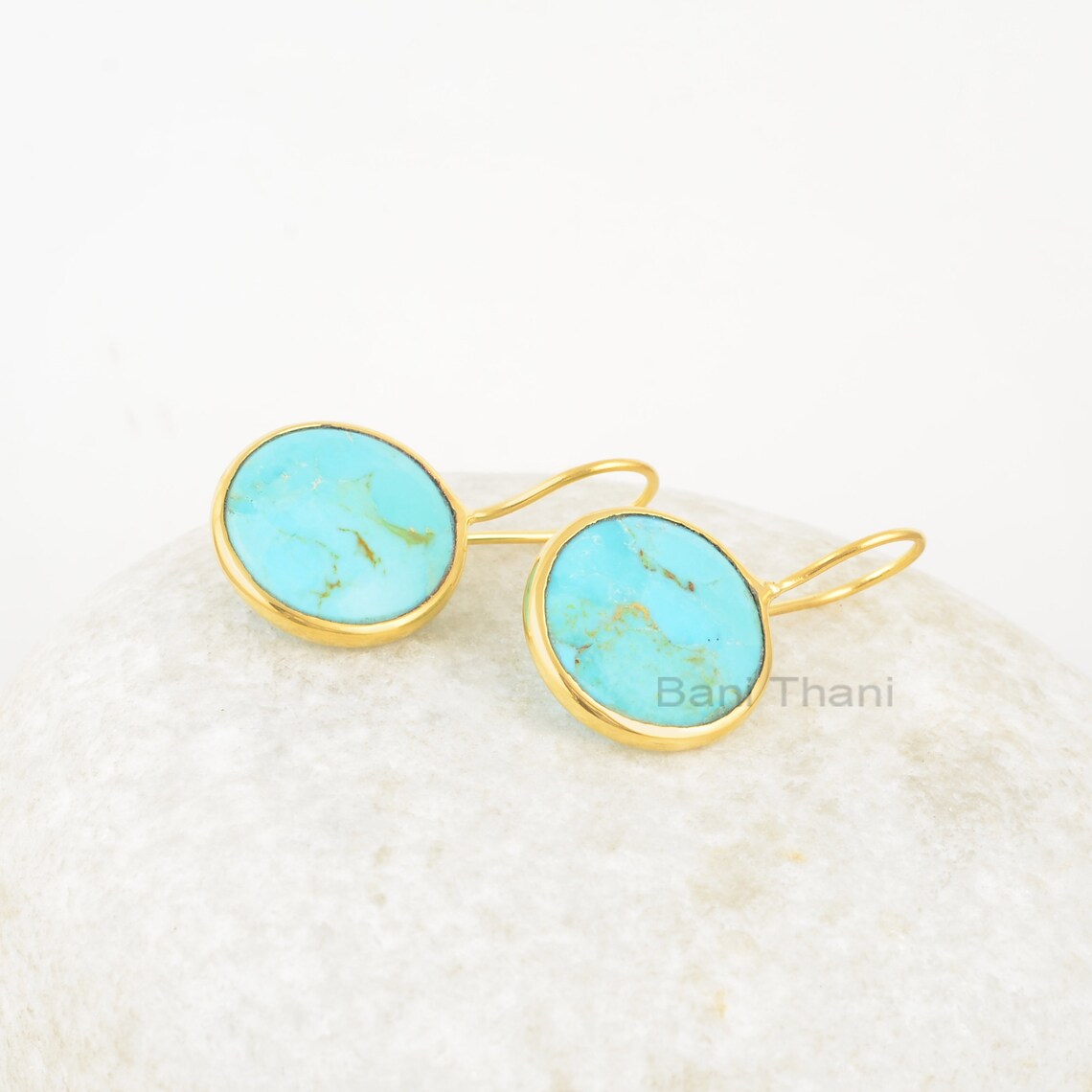 Beautiful Arizona Turquoise Drop Earrings, Arizona Turquoise 15mm Round Gemstone 925 Silver Earrings, 18k Gold Plated Earrings, Gift Earrings