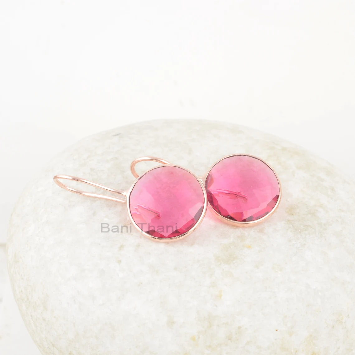 Rose Gold Plated Glisten Pink Tourmaline Drop Earring, 15mm Round Tourmaline Gemstone 925 Silver Drop Earrings, Handmade Earrings For Womens