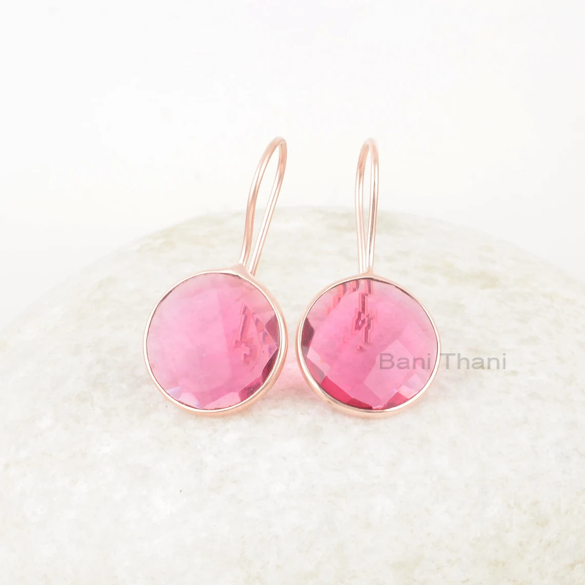 Rose Gold Plated Glisten Pink Tourmaline Drop Earring, 15mm Round Tourmaline Gemstone 925 Silver Drop Earrings, Handmade Earrings For Womens