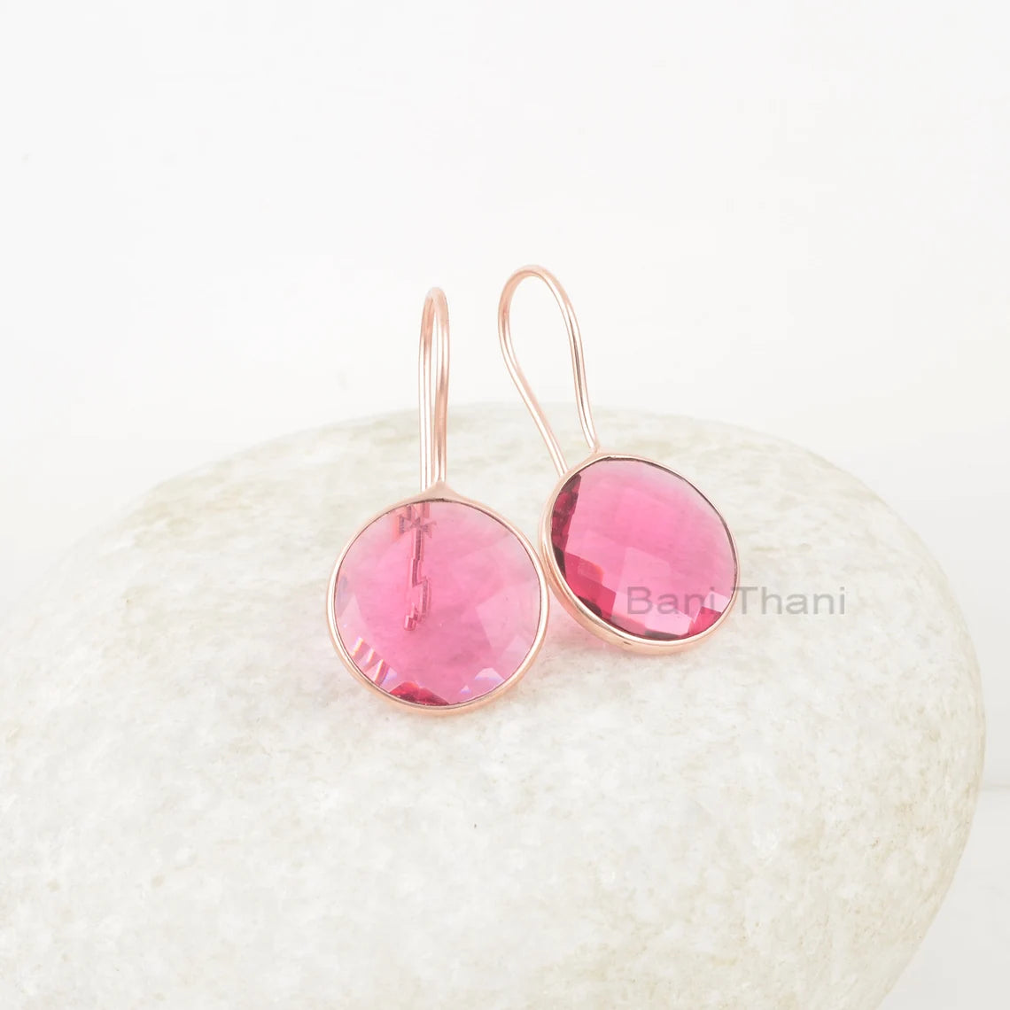 Rose Gold Plated Glisten Pink Tourmaline Drop Earring, 15mm Round Tourmaline Gemstone 925 Silver Drop Earrings, Handmade Earrings For Womens