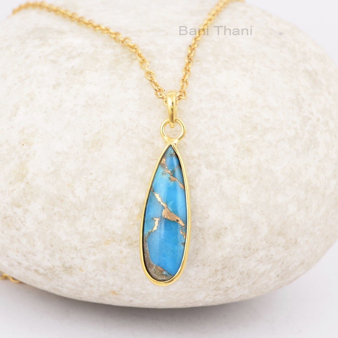 Turquoise Necklace, Blue Copper Turquoise 8x25mm Pear Gemstone Necklace, 18k Gold Plated Silver Briolette Necklace Women, Valentines Gift