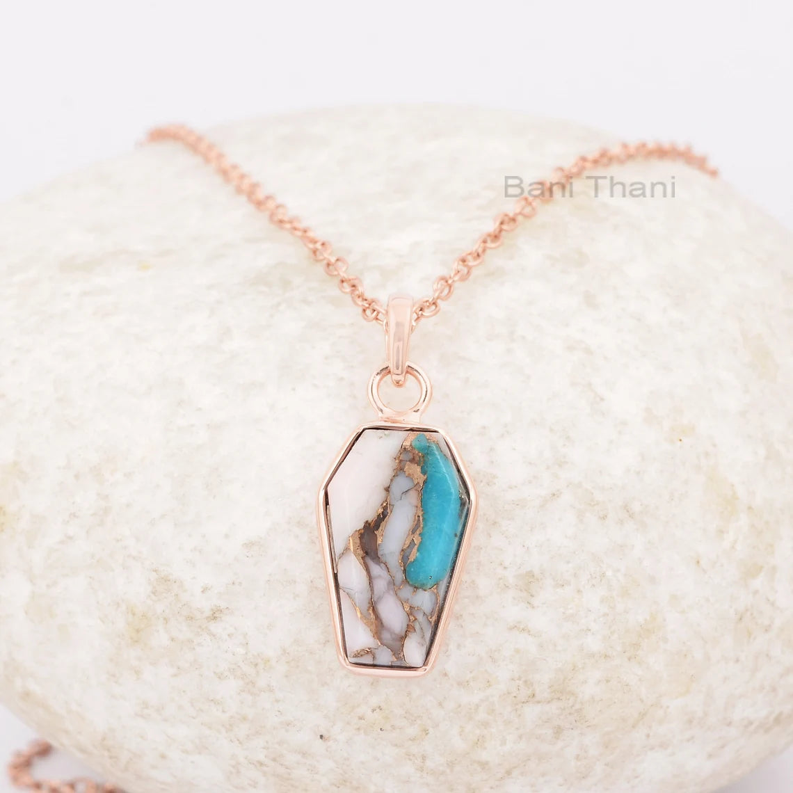 Pink Opal Copper Turquoise Necklace - Handcrafted Necklace - 10x17mm Coffin - 925 Silver - Artisan Jewelry - Jewelry For Teen - Gift For Her