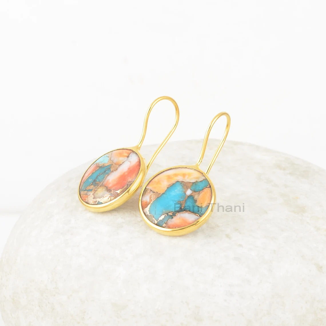 Turquoise Drop Earrings, 15mm Round Oyster Copper Turquoise Gemstone Silver Drop Earrings, 18k Gold Plated Earrings, Earrings For Wife, Gift For Her