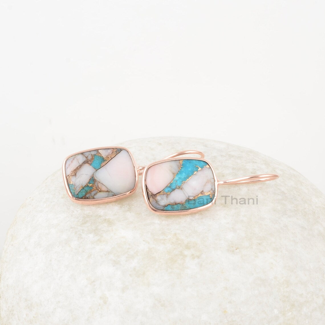 Pink Opal Earrings, Pink Opal Copper Turquoise 12x16mm Cushion Gemstone Silver Drop Earrings, Rose Gold Plated Handmade Earrings For Women