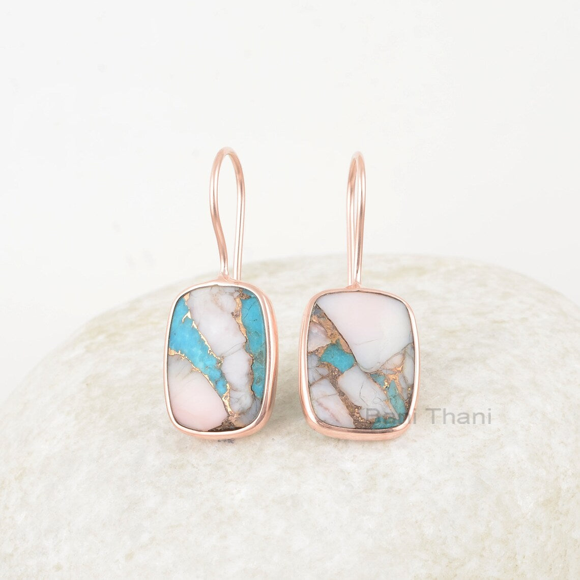 Pink Opal Earrings, Pink Opal Copper Turquoise 12x16mm Cushion Gemstone Silver Drop Earrings, Rose Gold Plated Handmade Earrings For Women