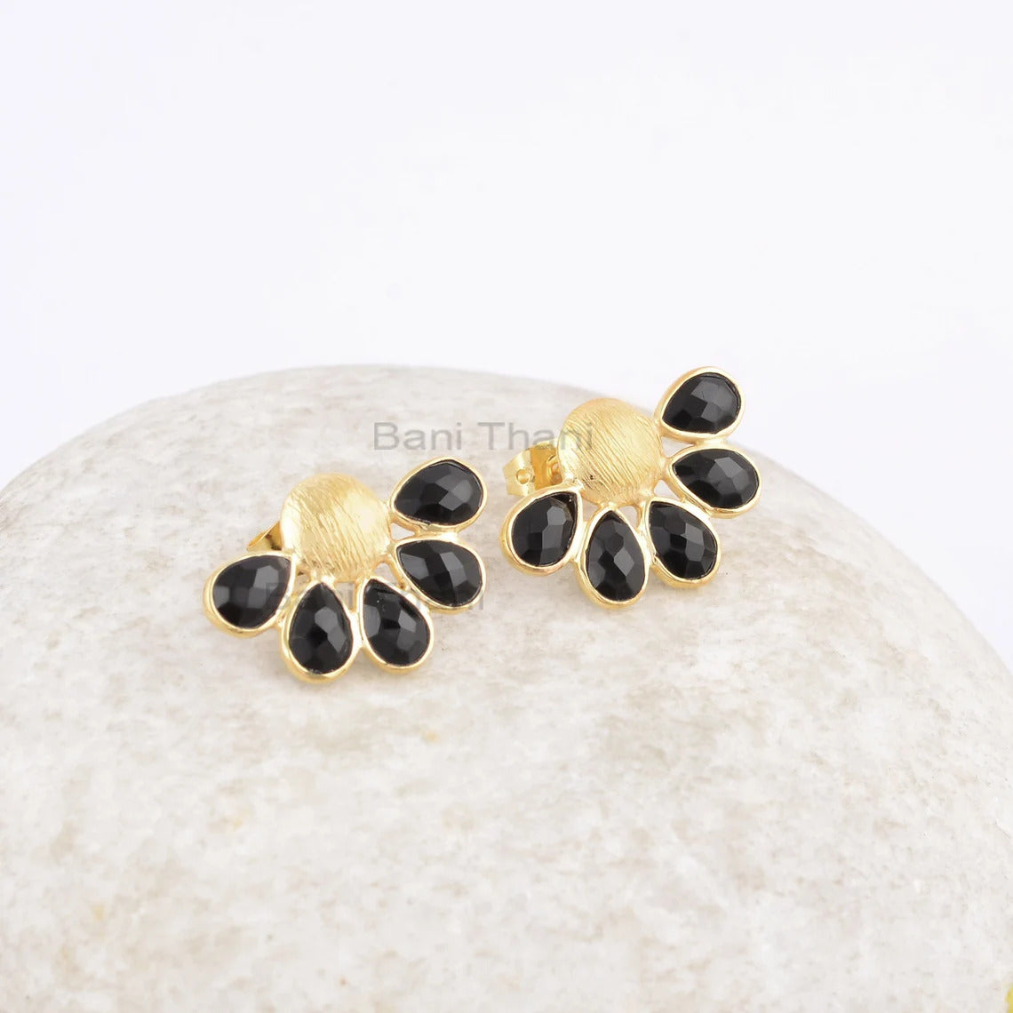 Beautiful Black Onyx Stud Post Earrings, Black Onyx 4x6mm Pear Gemstone 925 Silver Earrings, 18k Gold Plated Handmade Earrings