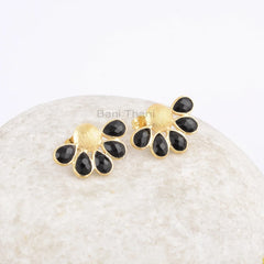 Beautiful Black Onyx Stud Post Earrings, Black Onyx 4x6mm Pear Gemstone 925 Silver Earrings, 18k Gold Plated Handmade Earrings