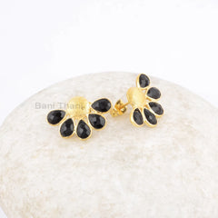 Beautiful Black Onyx Stud Post Earrings, Black Onyx 4x6mm Pear Gemstone 925 Silver Earrings, 18k Gold Plated Handmade Earrings