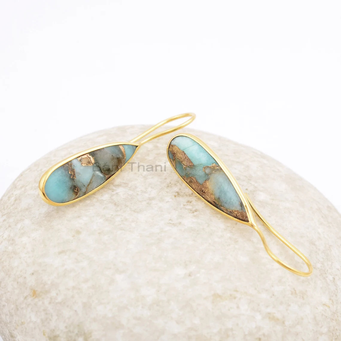 Beautiful Copper Amazonite Drop Earrings, Copper Amazonite 8x25mm Pear Gemstone 925 Silver Earrings, 18k Gold Plated Earrings, Gift Earrings