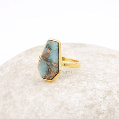 Coffin Ring, Copper Amazonite 10x17 mm Coffin Shape Gemstone 925 Silver Ring, Bezel Ring, 18k Gold Plated Handmade Ring, Women's Gift Ring