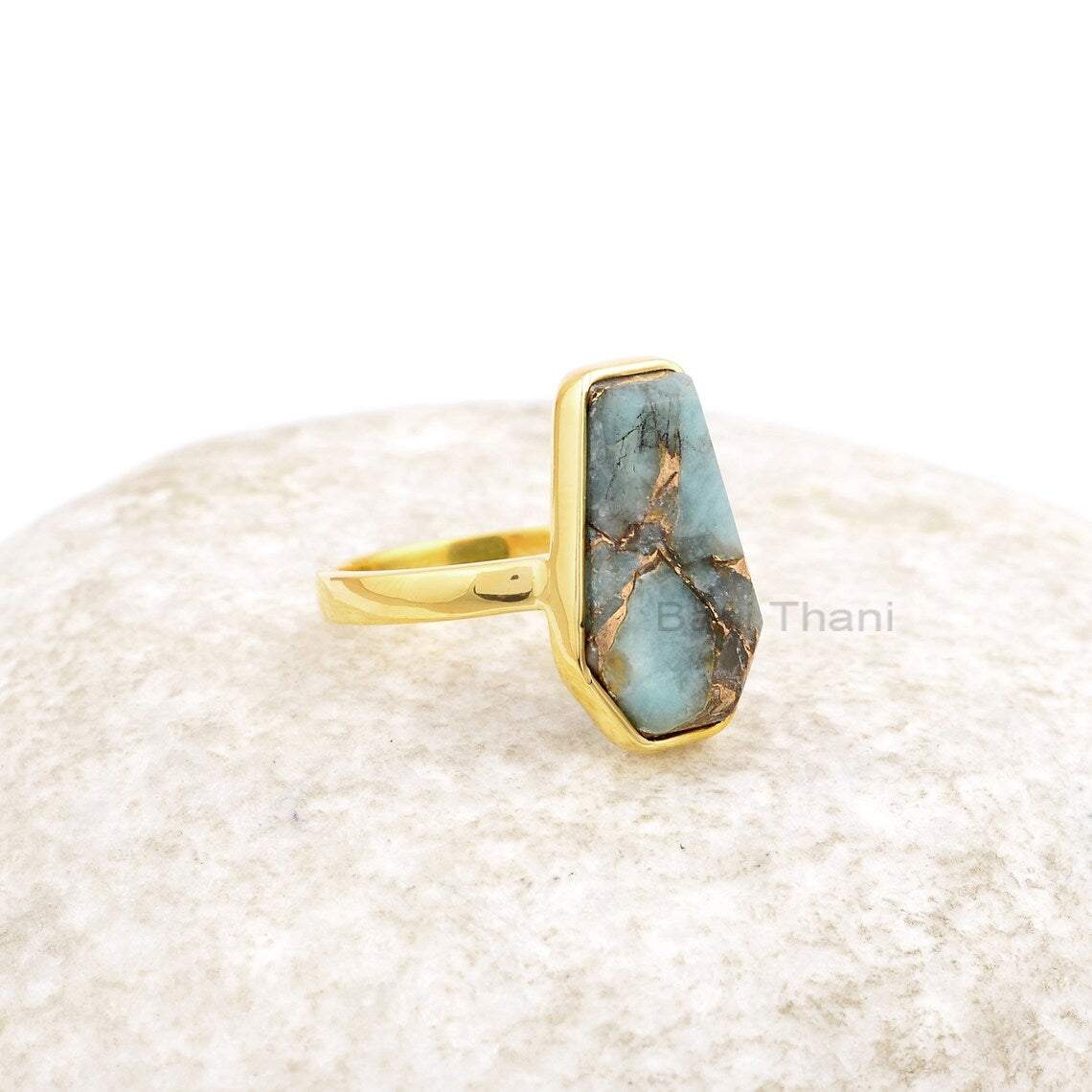 Coffin Ring, Copper Amazonite 10x17 mm Coffin Shape Gemstone 925 Silver Ring, Bezel Ring, 18k Gold Plated Handmade Ring, Women's Gift Ring