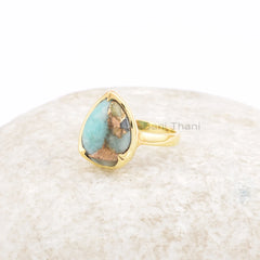 Copper Amazonite 10x14mm Pear Shape Gemstone Ring, 925 Sterling Silver Ring, 18k Gold Plated Handmade Ring, Valentine's Day Gift Ring