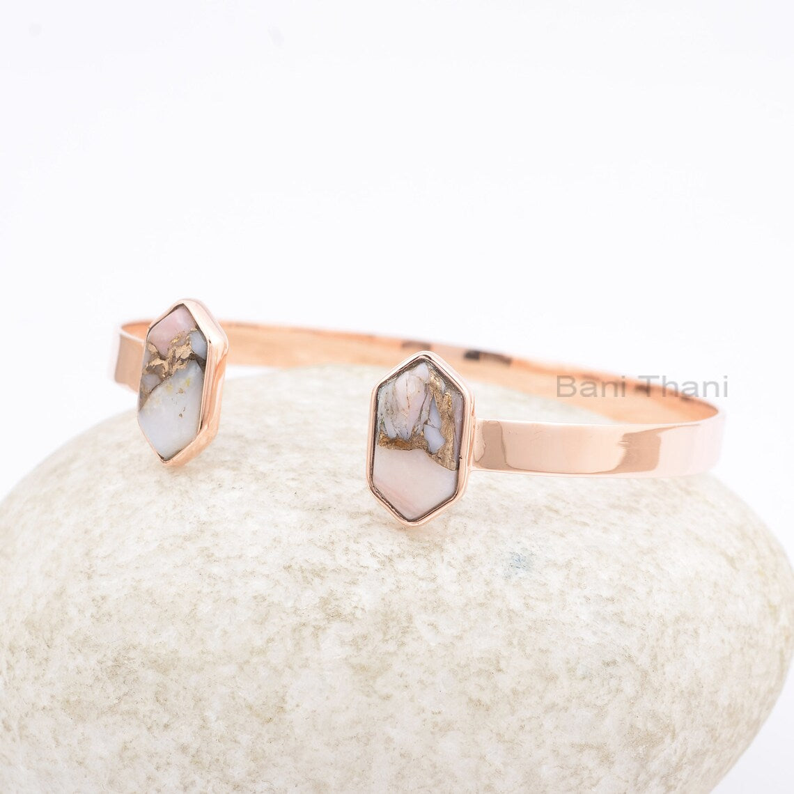 Pink Opal Copper Cuff Bracelet - Handcrafted Bracelet - Pure 925 Silver - 8x15mm Hexagon - Manmade Jewelry - Gift For Wedding