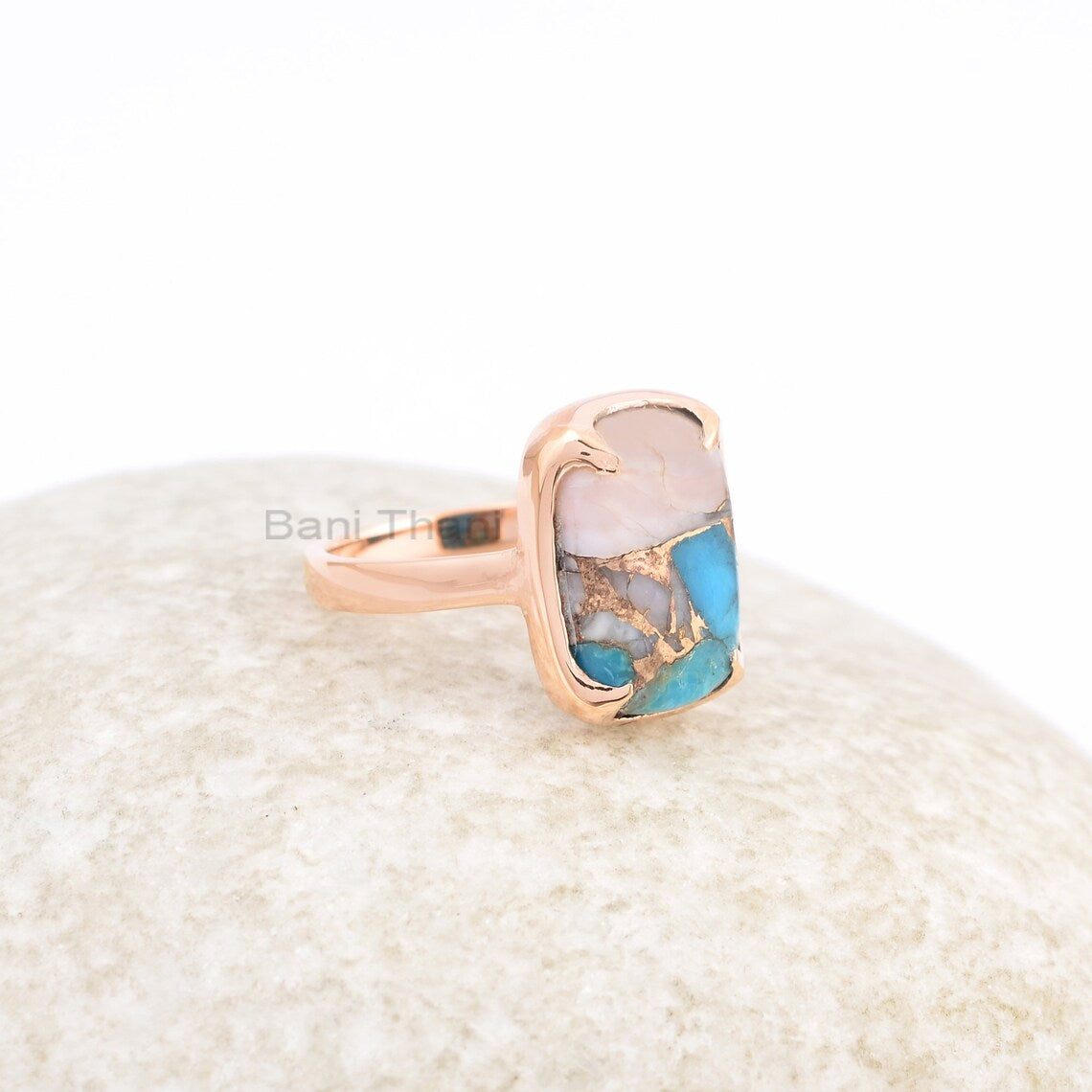 Cushion Turquoise Ring, Pink Opal Copper Turquoise 10x14mm Cushion Gemstone Ring, Turquoise Rose Gold Plated 925 Silver Rings