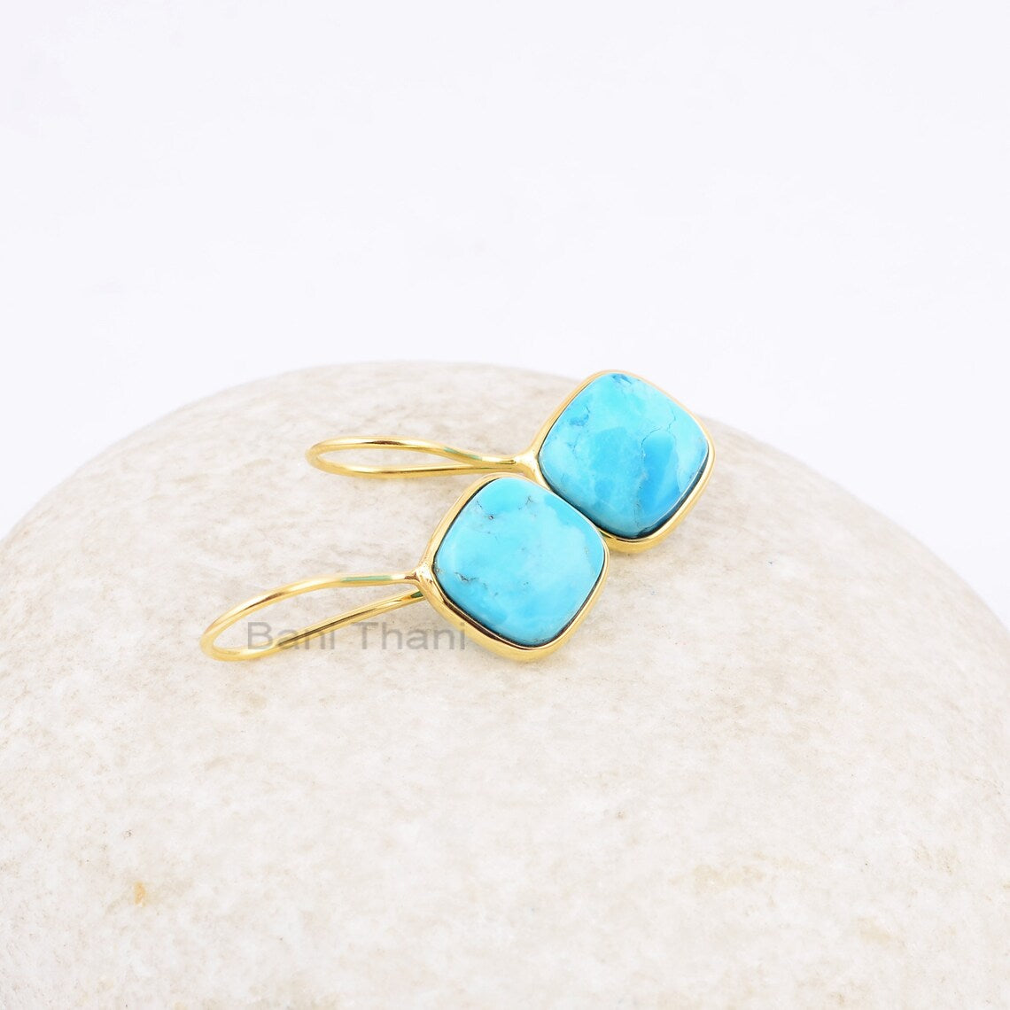 Arizona Turquoise Drop Earrings, Arizona Turquoise 10mm Cushion Gemstone Earrings, 18k Gold Plated 925 Silver Earrings, Women's Gift Earring