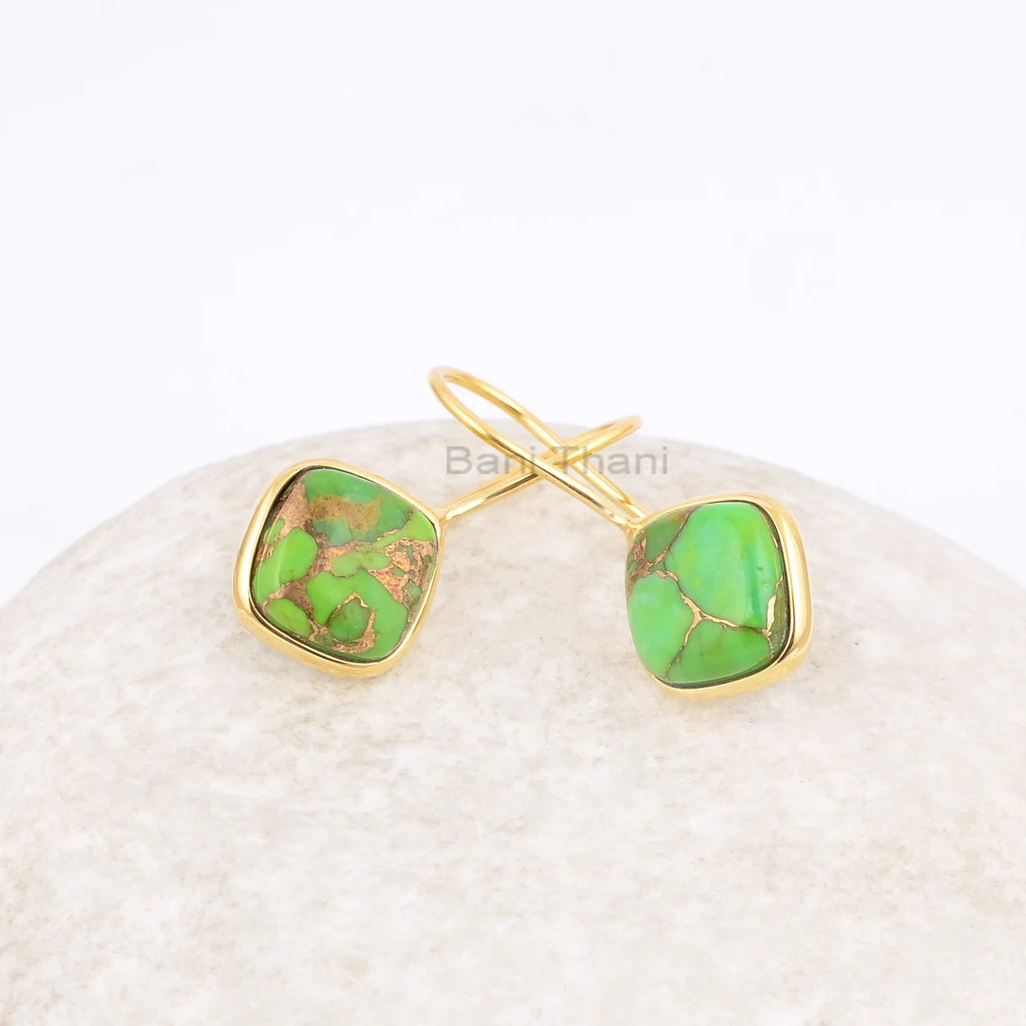 Green Copper Turquoise 10mm Cushion Gemstone Drop Earrings, 18k Gold Plated 925 Silver Earrings, Turquoise Earring, Valentine's Gift Earring