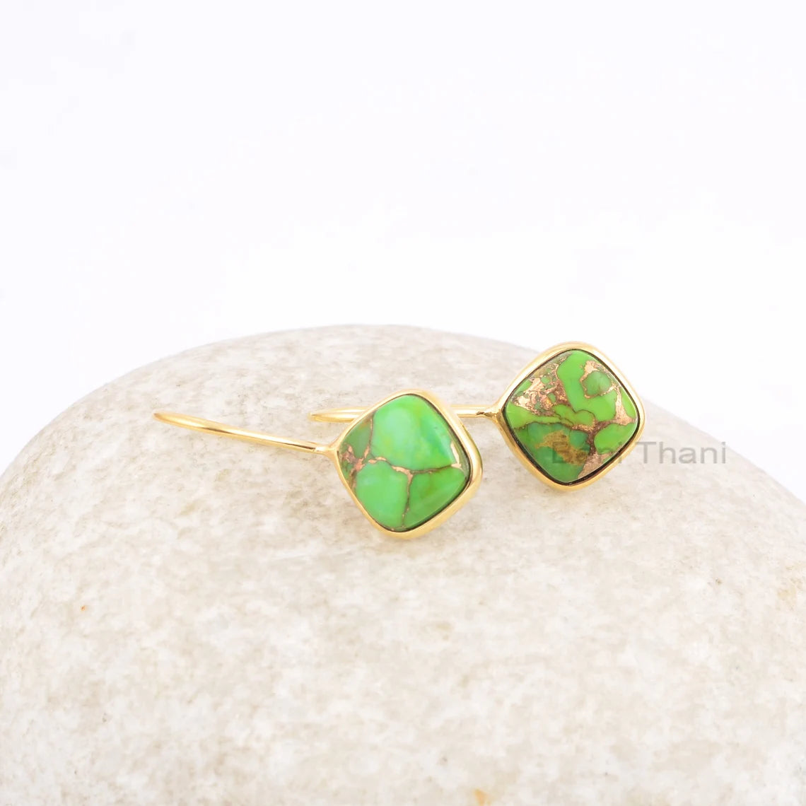 Green Copper Turquoise 10mm Cushion Gemstone Drop Earrings, 18k Gold Plated 925 Silver Earrings, Turquoise Earring, Valentine's Gift Earring