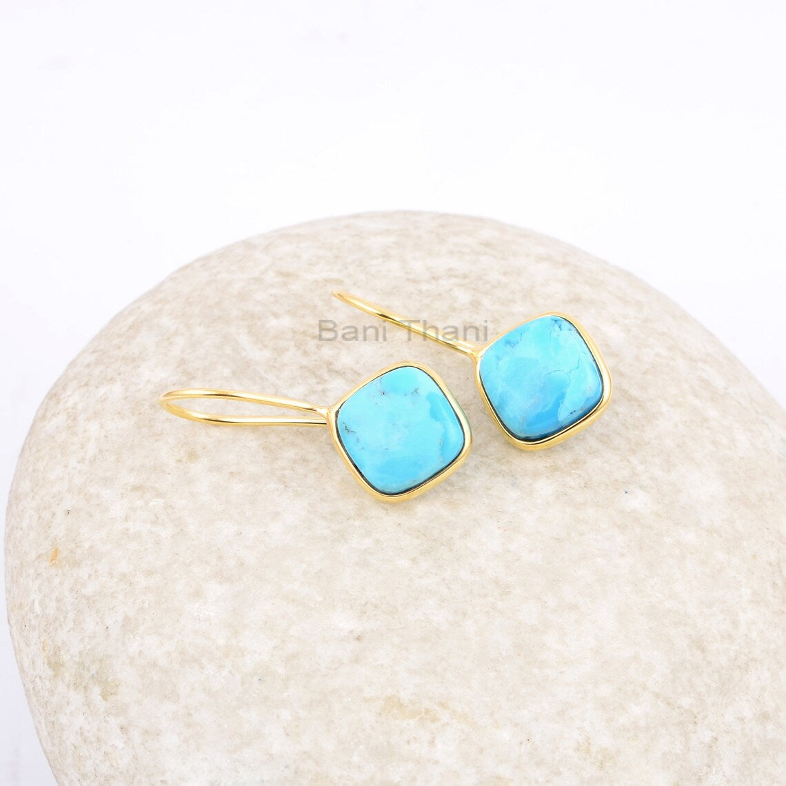 Arizona Turquoise Drop Earrings, Arizona Turquoise 10mm Cushion Gemstone Earrings, 18k Gold Plated 925 Silver Earrings, Women's Gift Earring