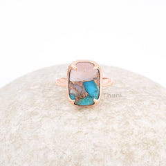 Cushion Turquoise Ring, Pink Opal Copper Turquoise 10x14mm Cushion Gemstone Ring, Turquoise Rose Gold Plated 925 Silver Rings