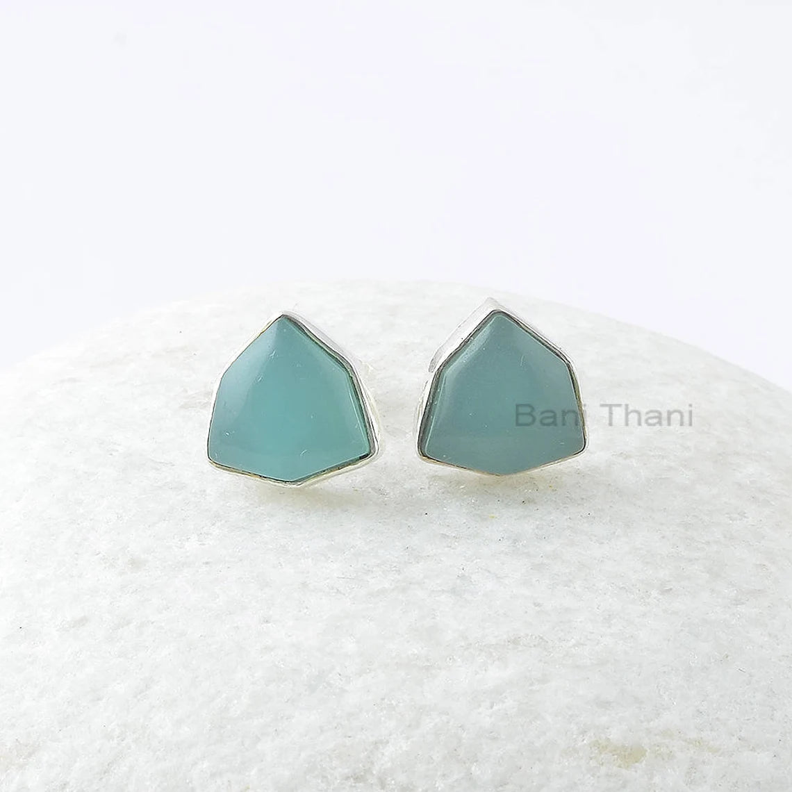 Aqua Chalcedony 10mm Trillion Shape Gemstone Stud Earring, 925 Sterling Silver Earring, Gift For Mom, Daily Wear Earring Jewelry-Top Selling