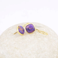 Purple Turquoise Drop Earrings, Purple Copper Turquoise 10mm Cushion Gemstone Drop Earrings, 18k Gold Plated 925 Silver Earrings For Women