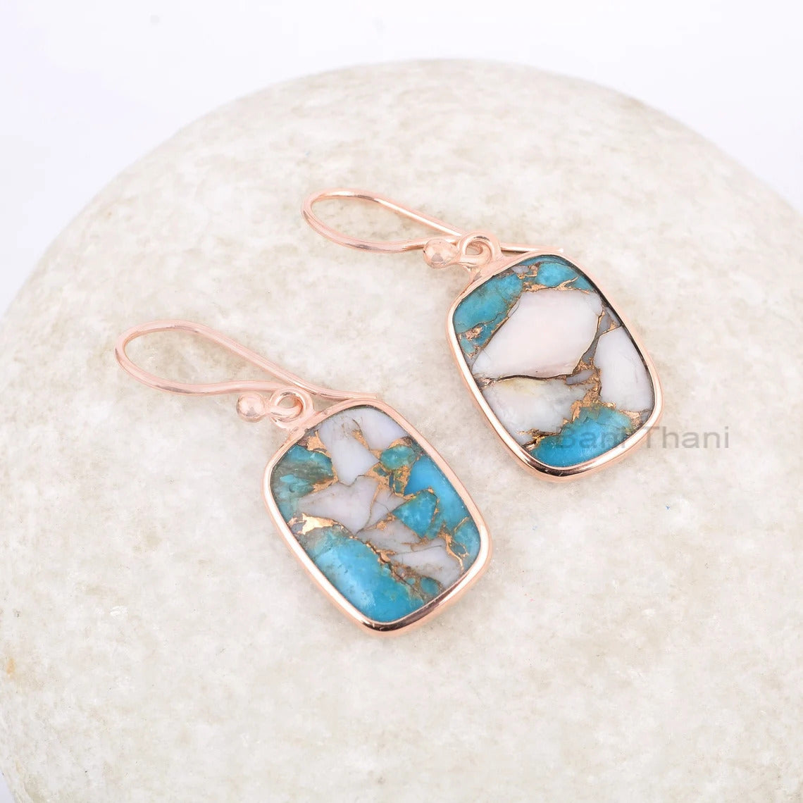 Opal Earrings, Pink Opal Copper Turquoise 12x16mm Cushion Gemstone Drop Earrings, Rose Gold Plated 925 Silver Earrings