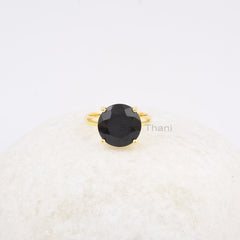 Round Black Onyx Gemstone Ring, 925 Sterling Silver Ring, Gold Plated Onyx Ring, Wedding Gift Ring, Girls Ring, Prong Set Ring, Dainty Ring