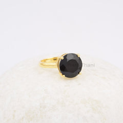 Round Black Onyx Gemstone Ring, 925 Sterling Silver Ring, Gold Plated Onyx Ring, Wedding Gift Ring, Girls Ring, Prong Set Ring, Dainty Ring