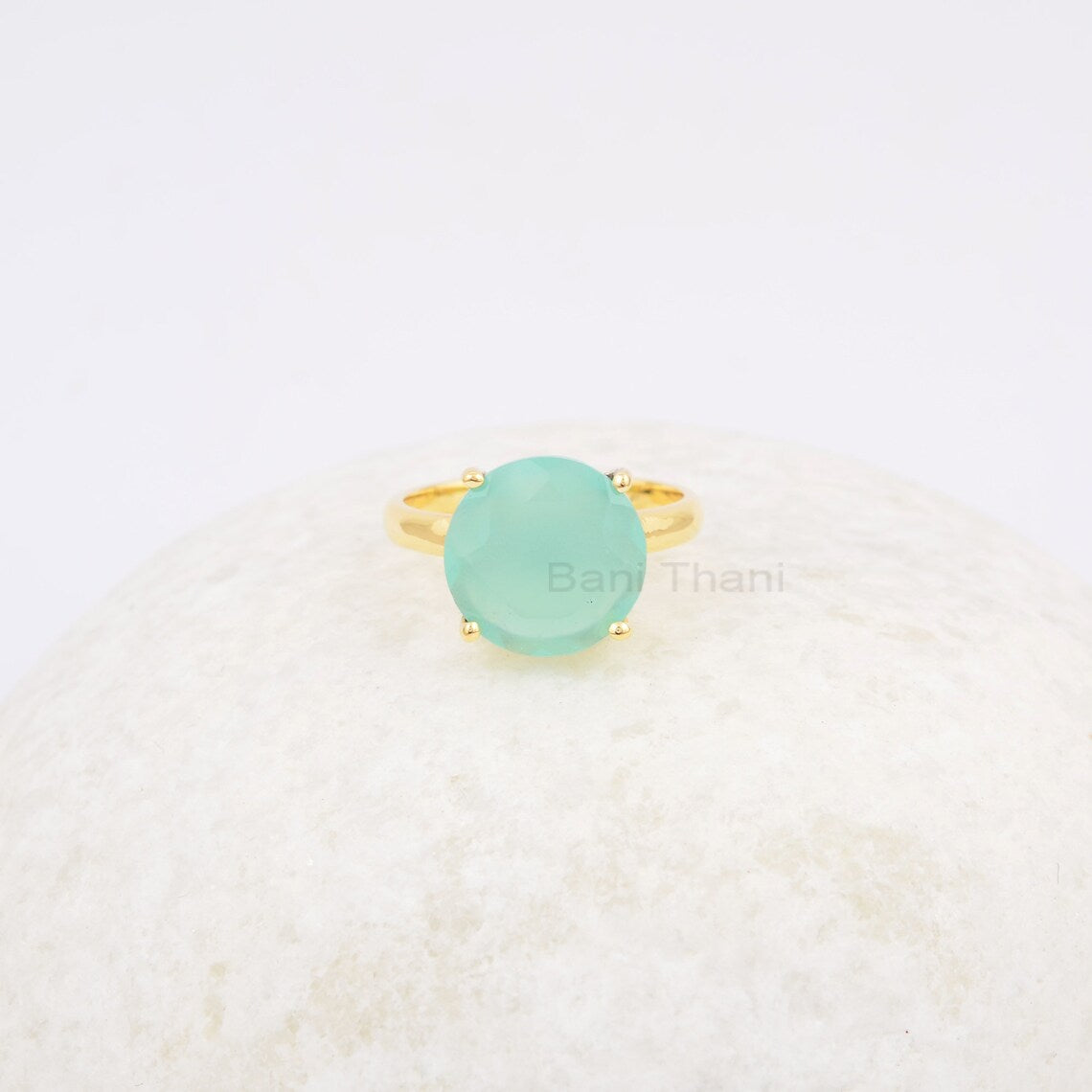 Aqua Chalcedony Ring - 925 Silver - Prong Set Handmade Ring - 12mm Gold Plated Jewelry- Dainty Jewelry - Gift for Grandma - Jewelry for Prom