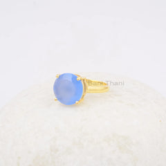 12mm Round Georgeous Blue Chalcedony Gemstone Ring, Gold Plated 925 Sterling Silver Ring, Engagement Ring, Chalcedony Ring, Birthstone Ring