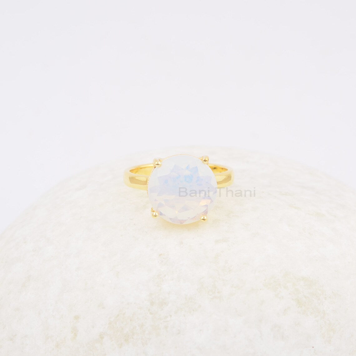 925 Sterling Silver Gold Plated Ring, 12mm Round Opalite Gmestone Ring, Anniversary Gift Ring, Opalite Ring, Prong Set Ring, Handmade Ring