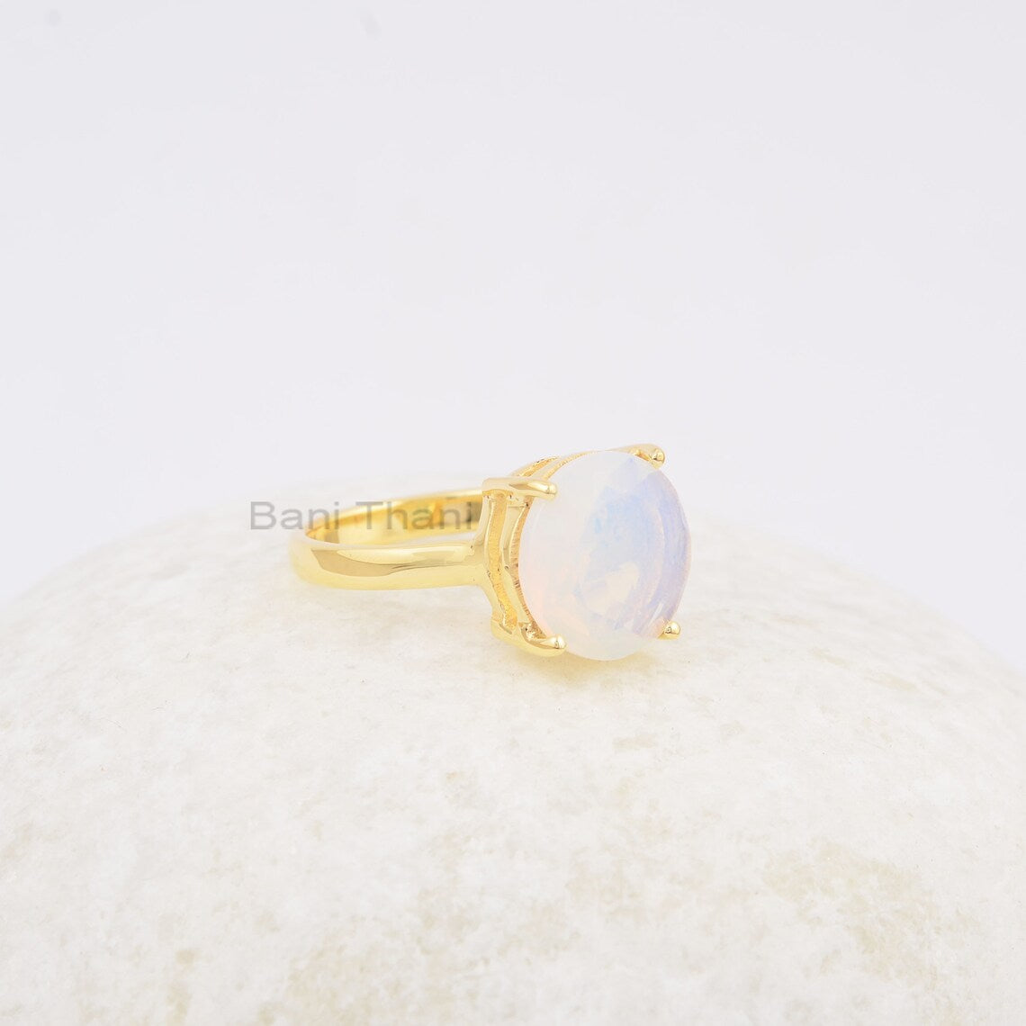 925 Sterling Silver Gold Plated Ring, 12mm Round Opalite Gmestone Ring, Anniversary Gift Ring, Opalite Ring, Prong Set Ring, Handmade Ring