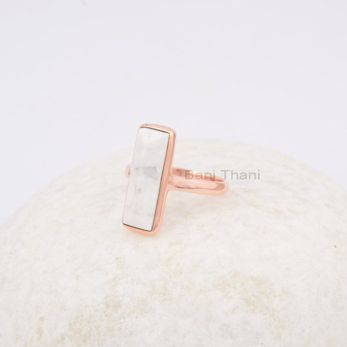 Howlite Pyramid 6x18mm Rectangle Shape Gemstone Ring, Rose Gold Plated 925 Sterling Silver Ring, Dainty Ring, Birthday Gift Ring, Bezel Ring