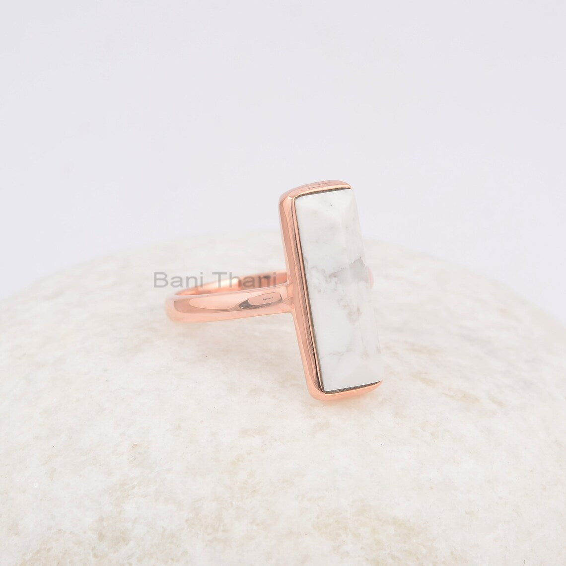 Howlite Pyramid 6x18mm Rectangle Shape Gemstone Ring, Rose Gold Plated 925 Sterling Silver Ring, Dainty Ring, Birthday Gift Ring, Bezel Ring