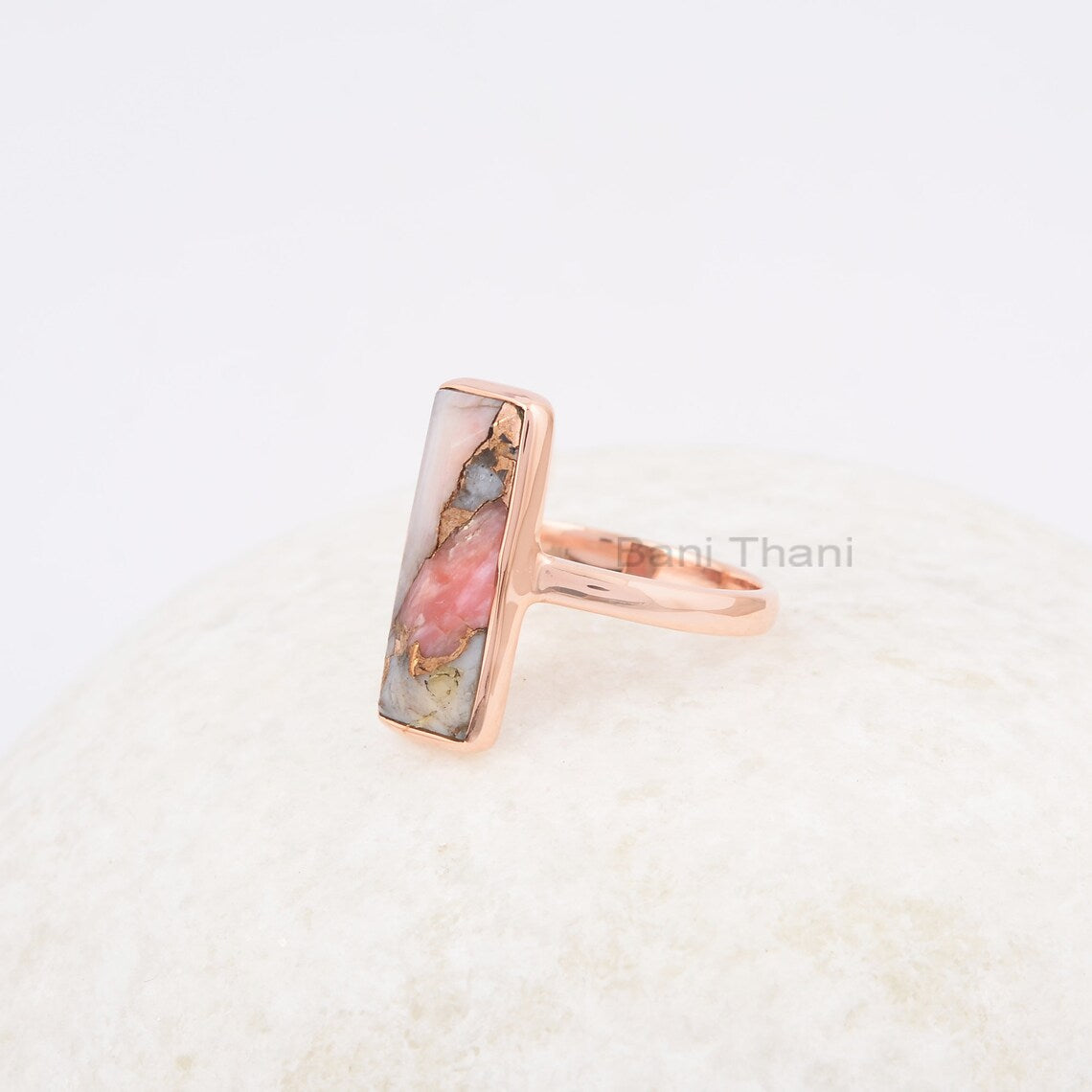 Pink Opal Copper Pyramid 6x18mm Rectangle Gemstone Ring, 925 Sterling Silver Ring, Rose Gold Plated Ring, Anxiety Ring, Antique Silver Ring