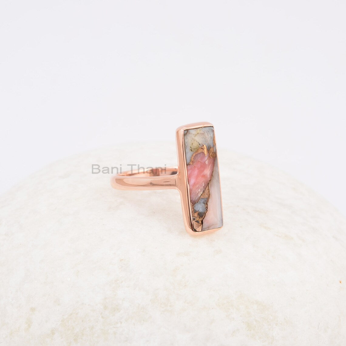 Pink Opal Copper Pyramid 6x18mm Rectangle Gemstone Ring, 925 Sterling Silver Ring, Rose Gold Plated Ring, Anxiety Ring, Antique Silver Ring