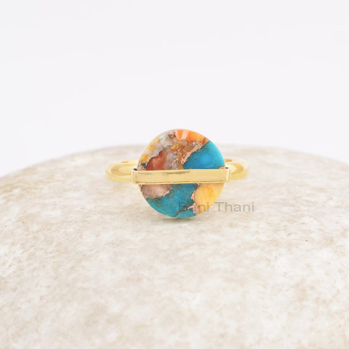 Oyster Turquoise Ring - 925 Sterling Silver - Gold Plated Ring - 12mm Flat Round - Bani Thani - Jewelry For Graduate - Gift For Protection