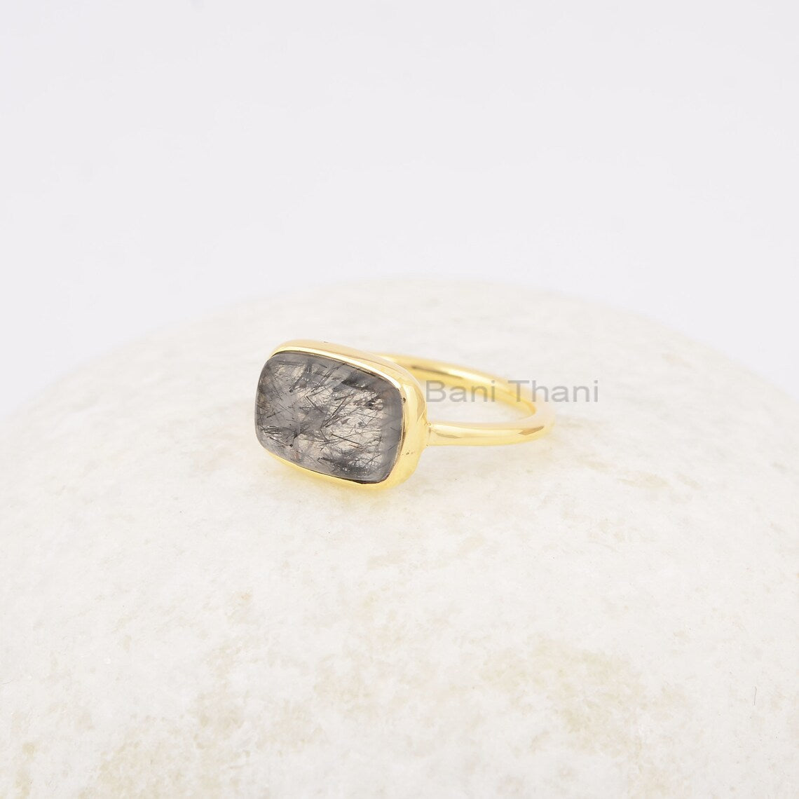 Handmade Ring - Black Rutile Quartz Ring - 8x12mm Cushion Gemstone Ring - 925 Solid Silver - Gift For Her - Gold Plated Ring - Womens Ring