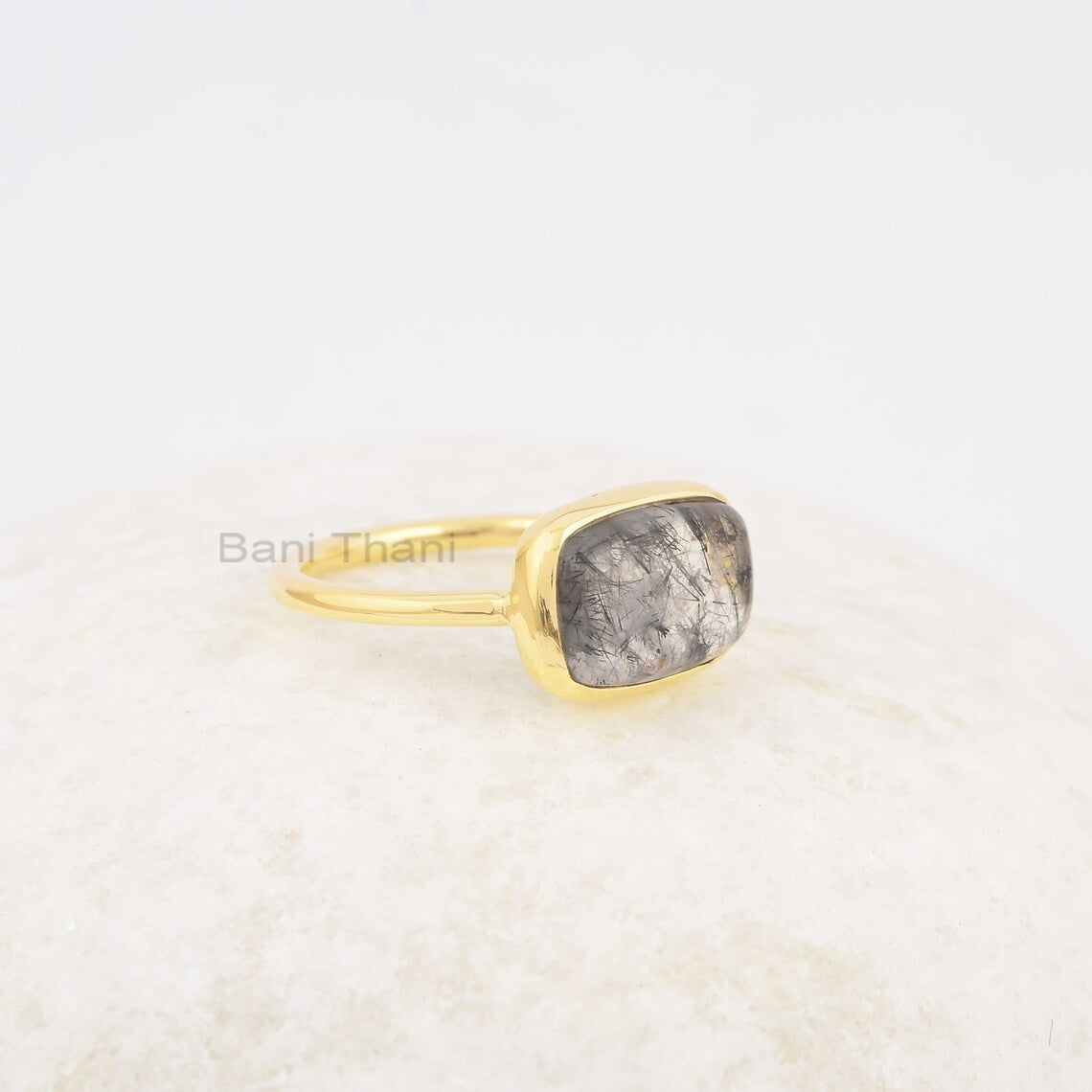 Handmade Ring - Black Rutile Quartz Ring - 8x12mm Cushion Gemstone Ring - 925 Solid Silver - Gift For Her - Gold Plated Ring - Womens Ring