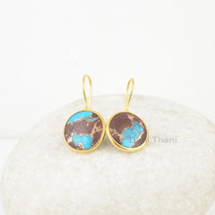 Lava Cooper Turquoise Gorgeous Handmade Earrings, Round 15mm Gemstone Silver Drop Earrings, 18k Gold Plated Earrings For Women