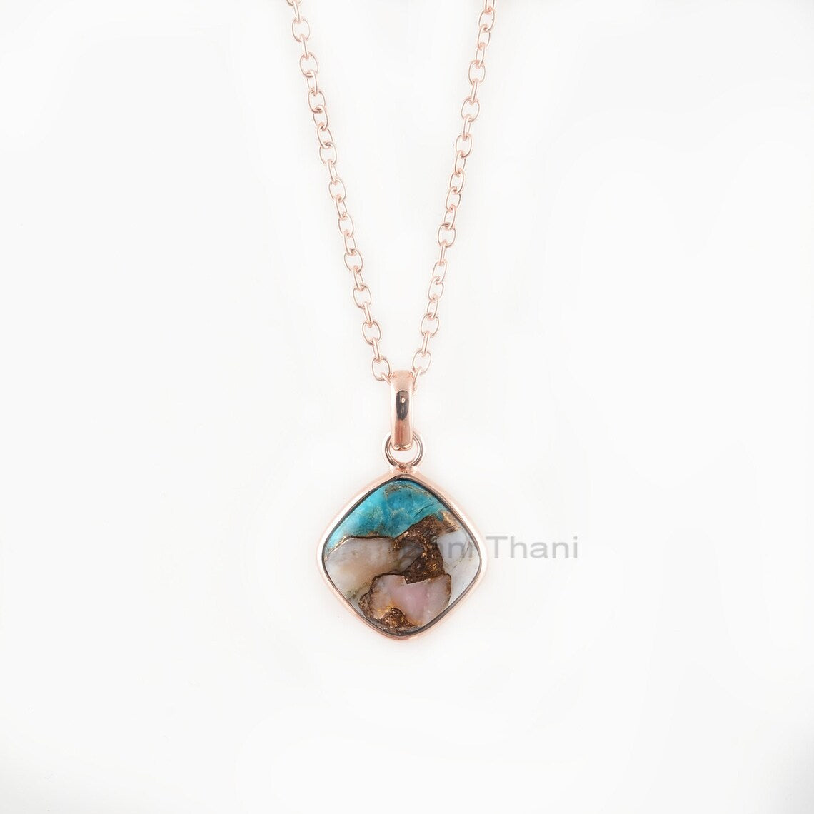 925 Silver Pink Opal Copper Turquoise 12mm Cushion Gemstone Necklace Pink Opal Turquosie Handmade Necklace, Rose Gold Necklace For Women's