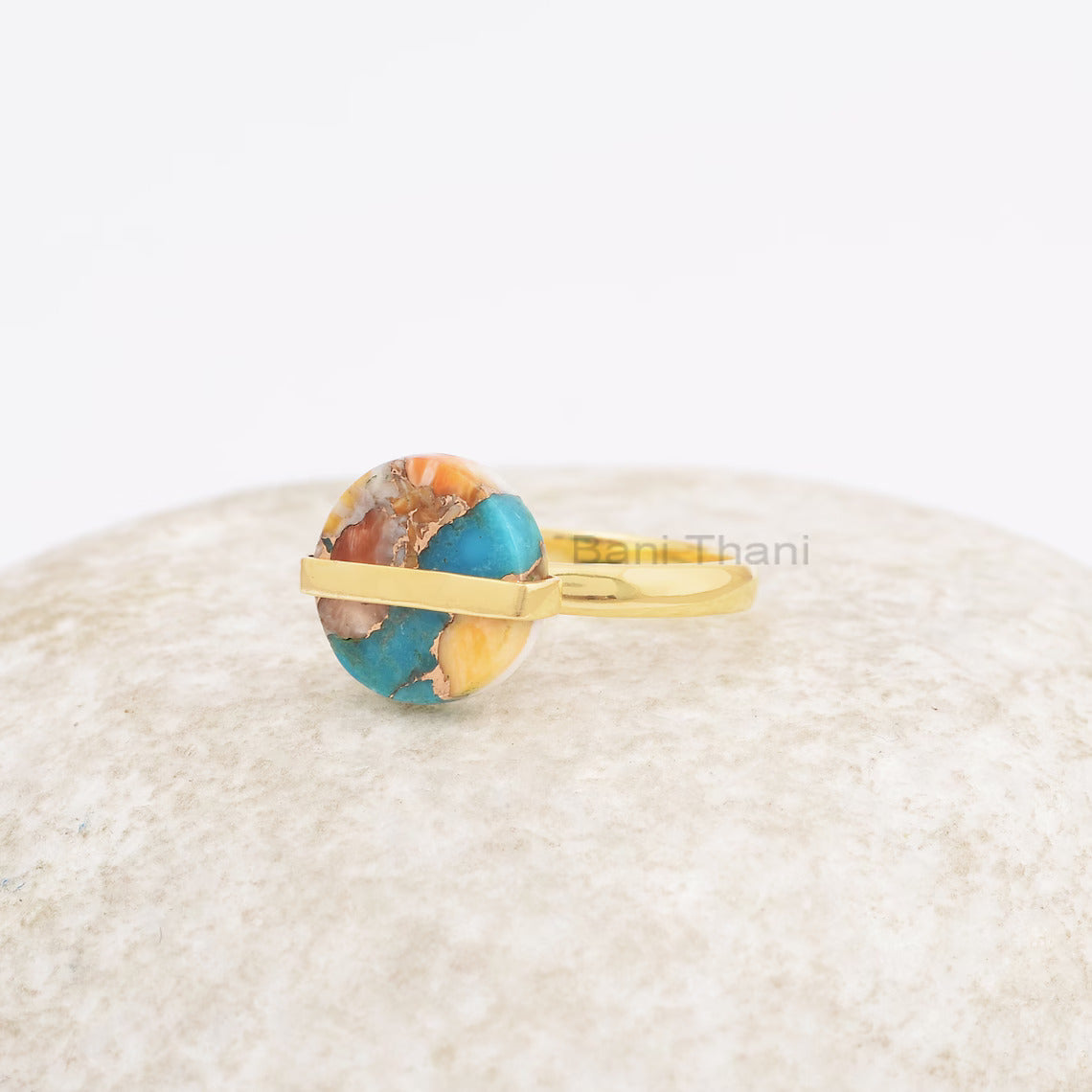 Oyster Turquoise Ring - 925 Sterling Silver - Gold Plated Ring - 12mm Flat Round - Bani Thani - Jewelry For Graduate - Gift For Protection