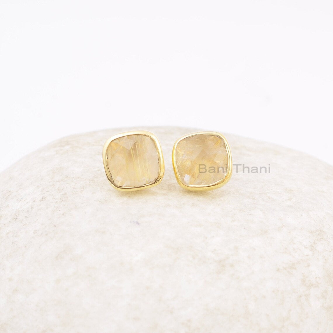 Golden Rutilated Quartz Earrings - 925 Silver - 9mm Faceted Cushion - Rose Gold Plated - Trendy Jewelry - Gift For Summer - Jewelry For Lady