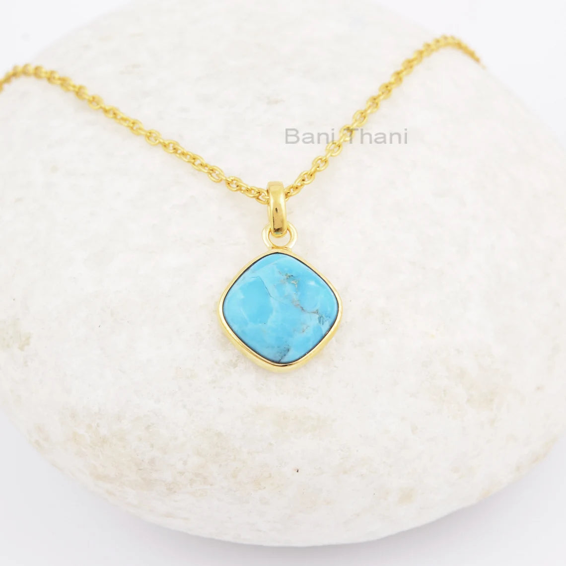 Arizona Turquoise 12mm Cushion Gemstone Necklace, 925 Sterling Silver Necklace, 18k Gold Plated Necklace, Gift For Her, Dainty Necklace