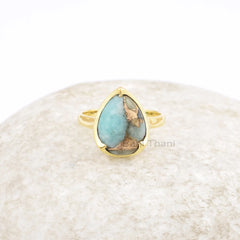 Copper Amazonite 10x14mm Pear Shape Gemstone Ring, 925 Sterling Silver Ring, 18k Gold Plated Handmade Ring, Valentine's Day Gift Ring