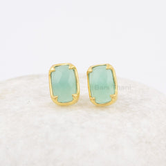 Chalcedony Stud Earrings, Aqua Chalcedony 7x11mm Cushion Gemstone Earring, Prong Set Earring, 925 Silver Gold Plated Earring, Dainty Earring