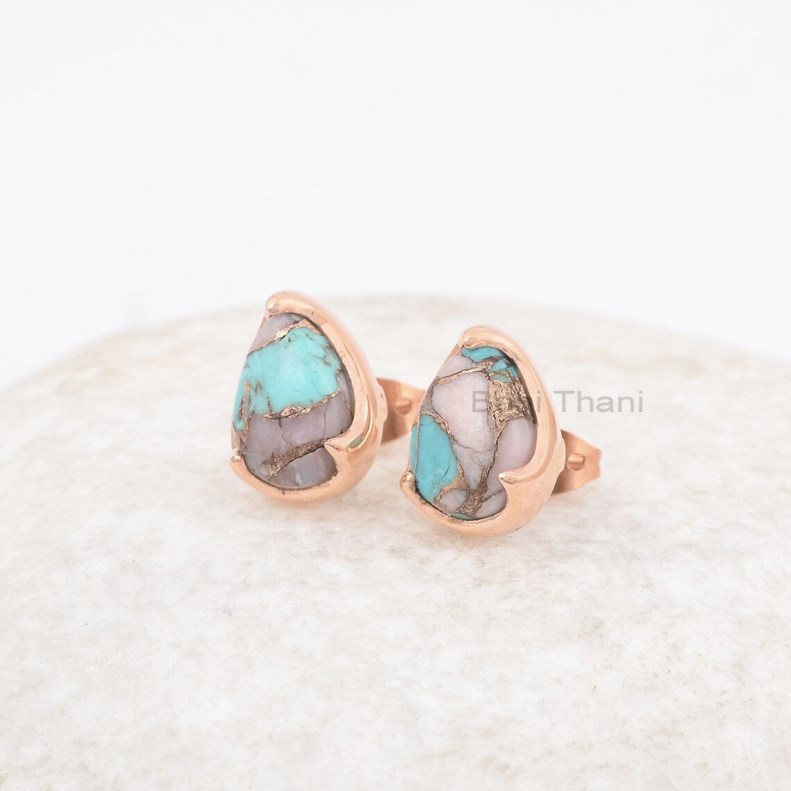 Cute Pink Opal Copper Turquoise Pear Gemstone Earrings, 925 Sterling Silver Rose Gold Plated Earring, Anniversary Gift Earring, Gift For Her