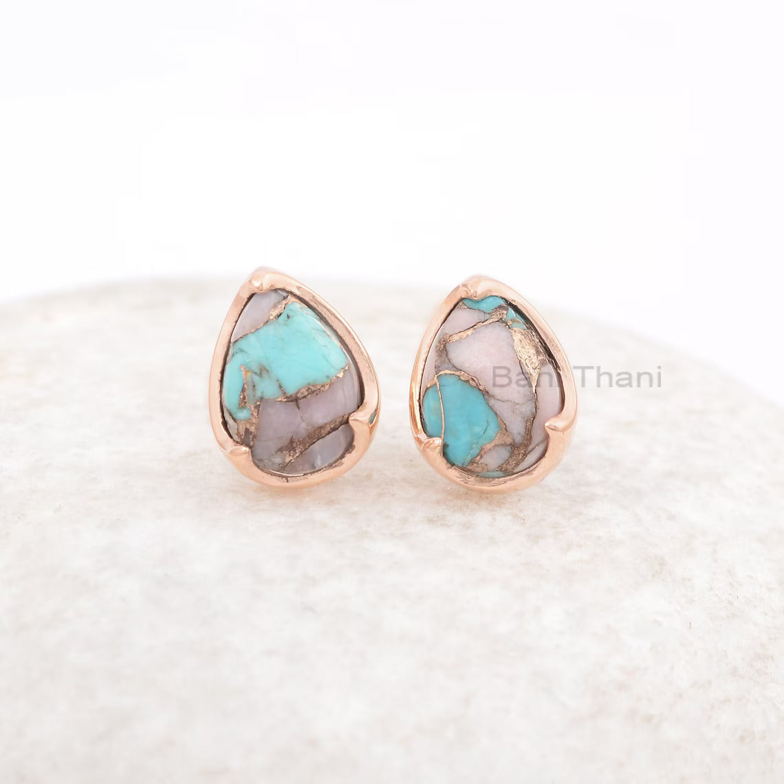 Cute Pink Opal Copper Turquoise Pear Gemstone Earrings, 925 Sterling Silver Rose Gold Plated Earring, Anniversary Gift Earring, Gift For Her