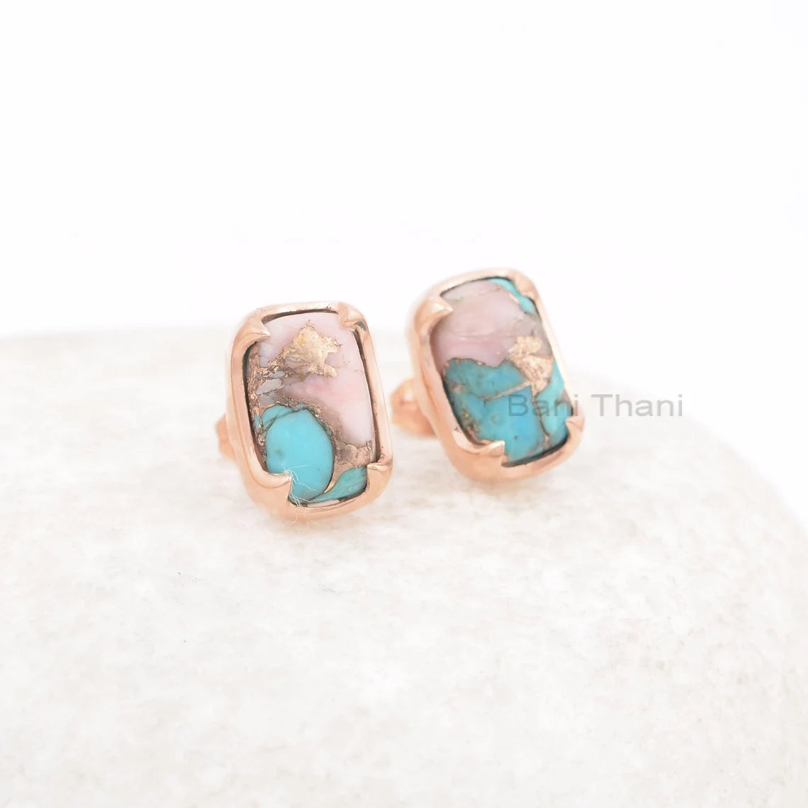 Pink Opal Earring - Gemstone Stud Earrings - Copper Turquoise Earring - 925 Solid Silver - Rose Gold - Womens Gift Earring - 7x11mm Cushion